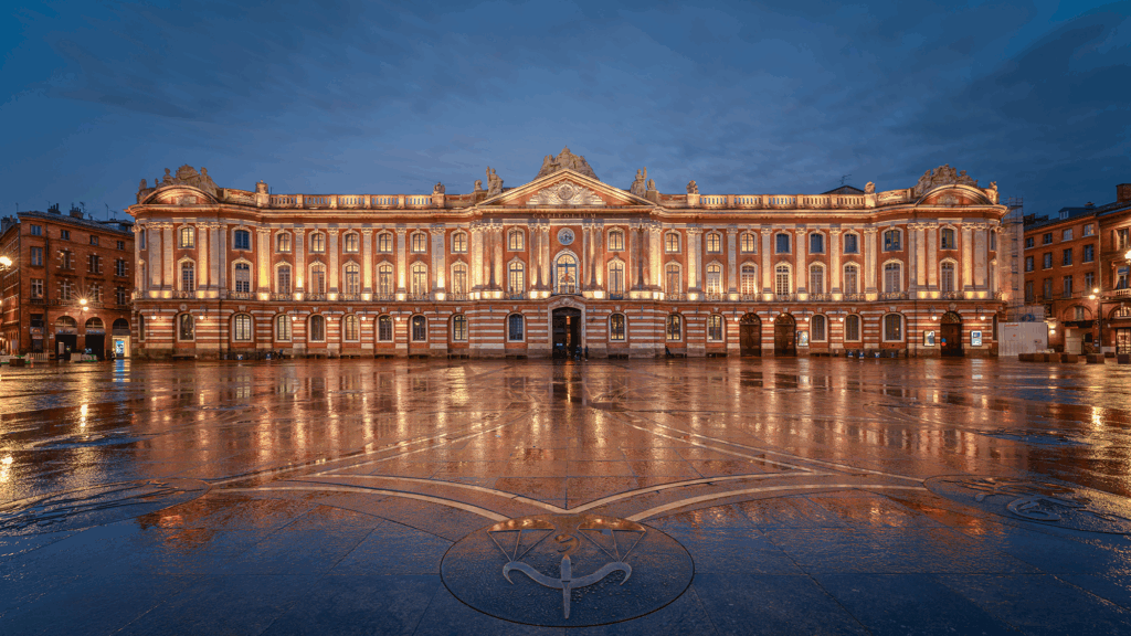 Façade éclairée du Capitole de Toulouse la nuit avec place mouillée, illustrant la nécessité de signalétique patrimoniale par Global Signa France.